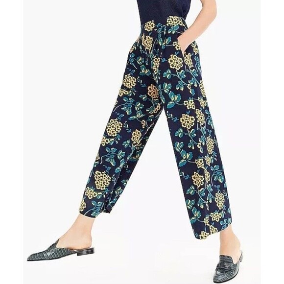 J Crew Navy Floral Print High Waist Wide Leg Cropped Pull On Pants Size 2 - Picture 2 of 11